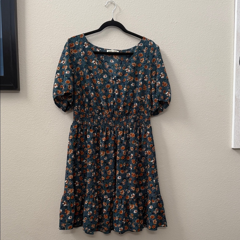 Inspired Hearts Floral Mini Dress - Dark Teal and Orange
